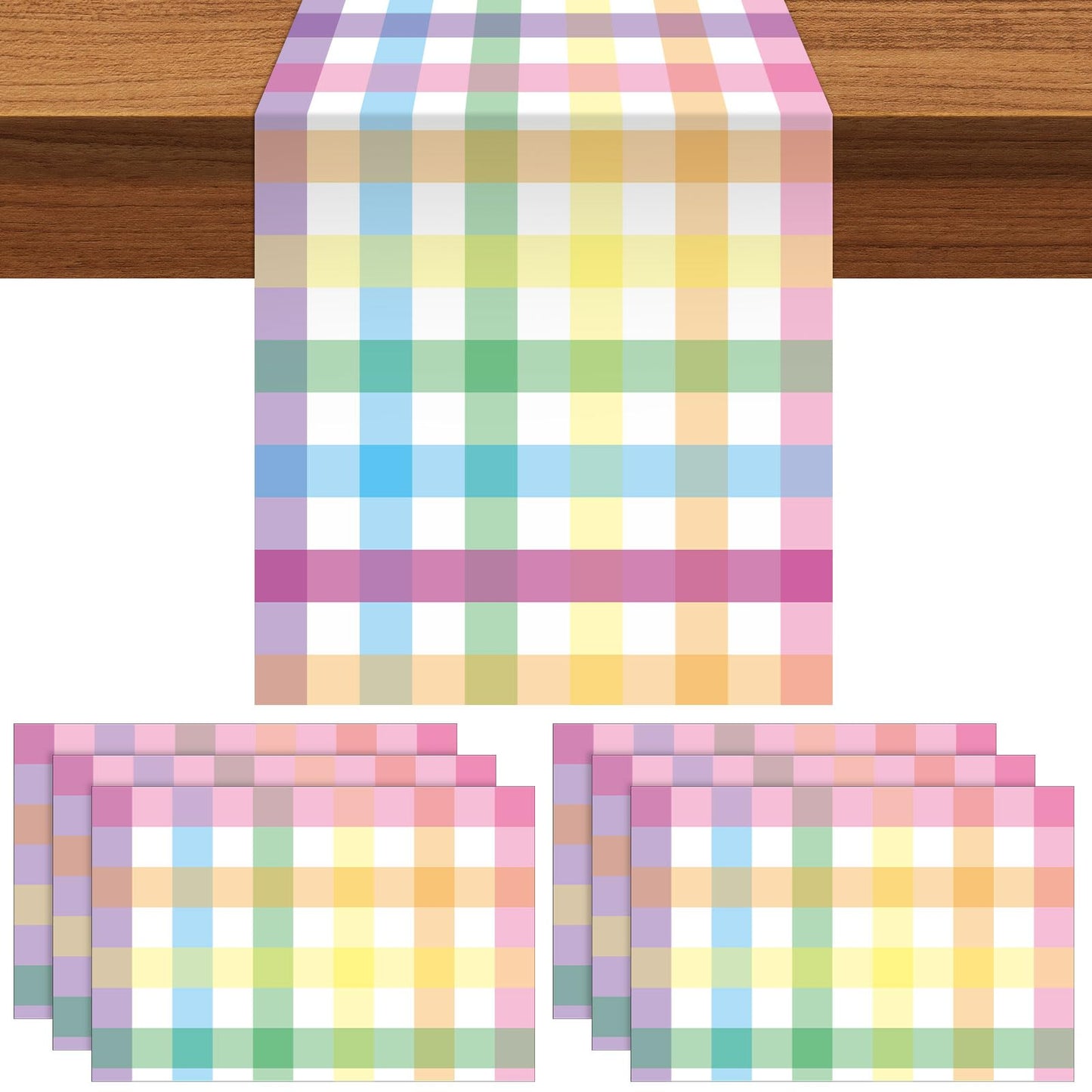 Mindsoft 7 Pcs Easter Buffalo Bunny Rabbit Table Runner and Placemat Set Include 6 Table Placemat Seasonal Easter Centerpieces Decoration for Home Dining Kitchen Spring Decor(Buffalo Plaid)