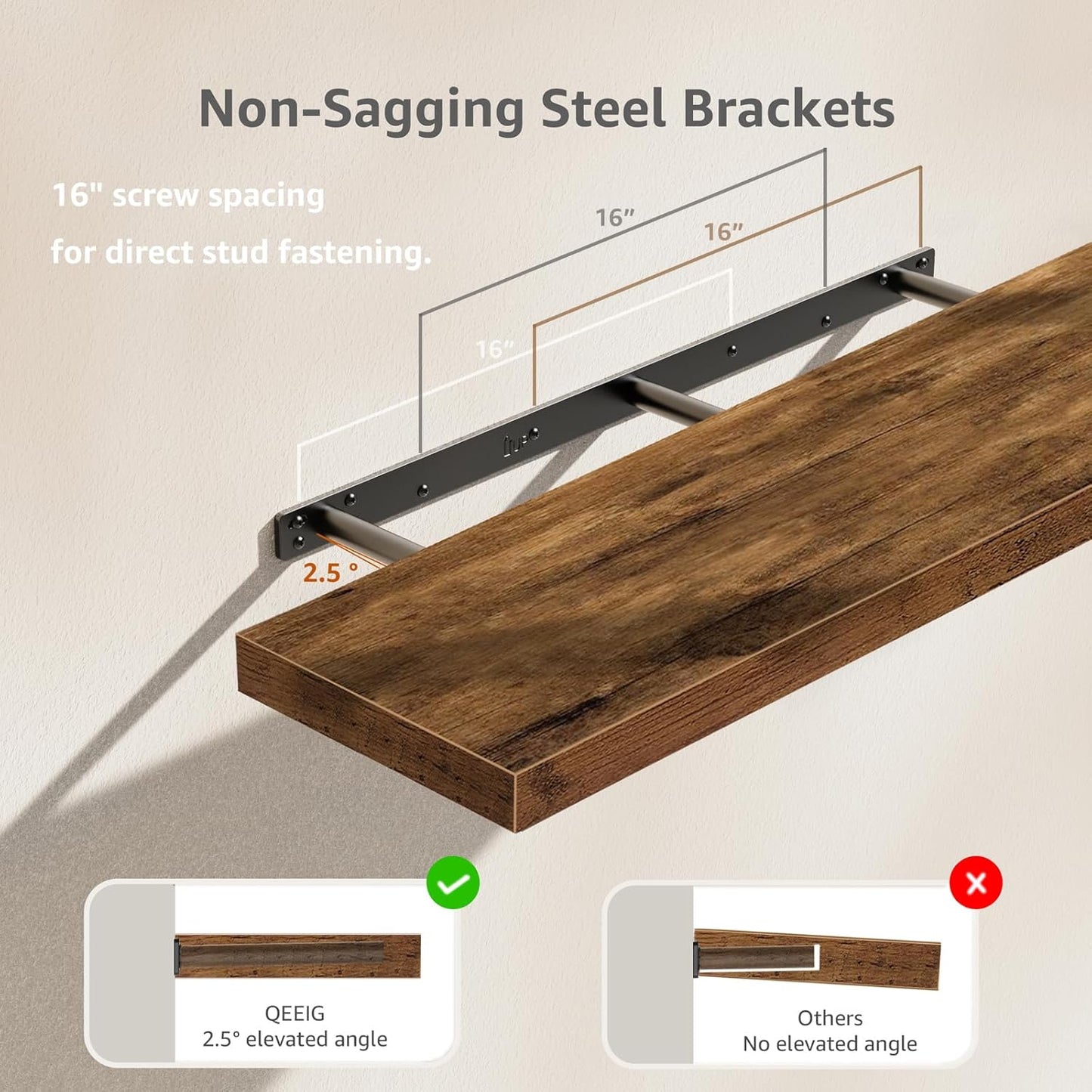 QEEIG Floating Shelves - Rustic Brown Wall-Mounted Shelf Set of 2 | 31.5" Long for Home Decor & Display