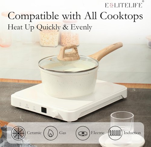 ESLITE LIFE Nonstick Sauce Pan - 1.5 QT Small Soup Pot with Lid | PFOA Free, Compatible with All Stovetops