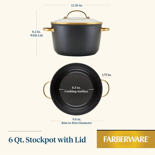 Farberware Forged Induction Stockpot - 6 Quart Ceramic Nonstick Cookware with Lid | Dishwasher Safe, Black and Gold