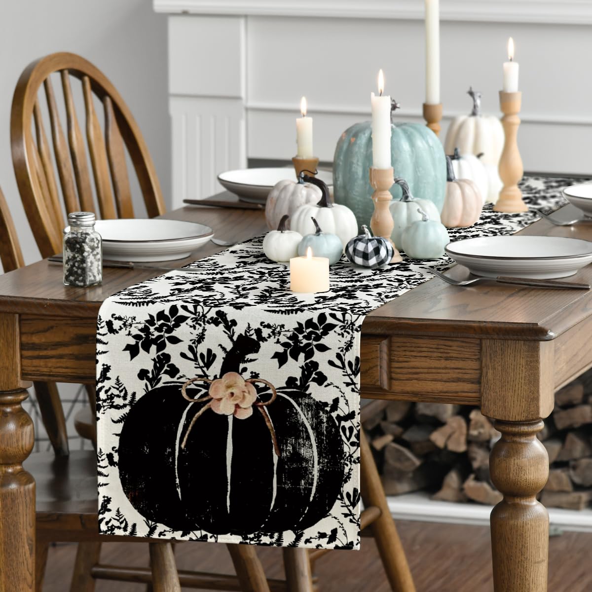 Artoid Mode Pumpkin Leaves Darkness Flower 210 GSM Fall Table Runner, Seasonal Autumn Kitchen Dining Table Decoration for Home Party Decor 13x90 Inch