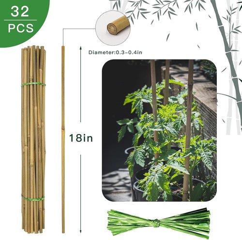 Bamboo Garden Stakes by [Brand Name] - 18-Inch Natural Plant Support with Twist Ties | 32 Pcs for Tomatoes & Climbing Plants