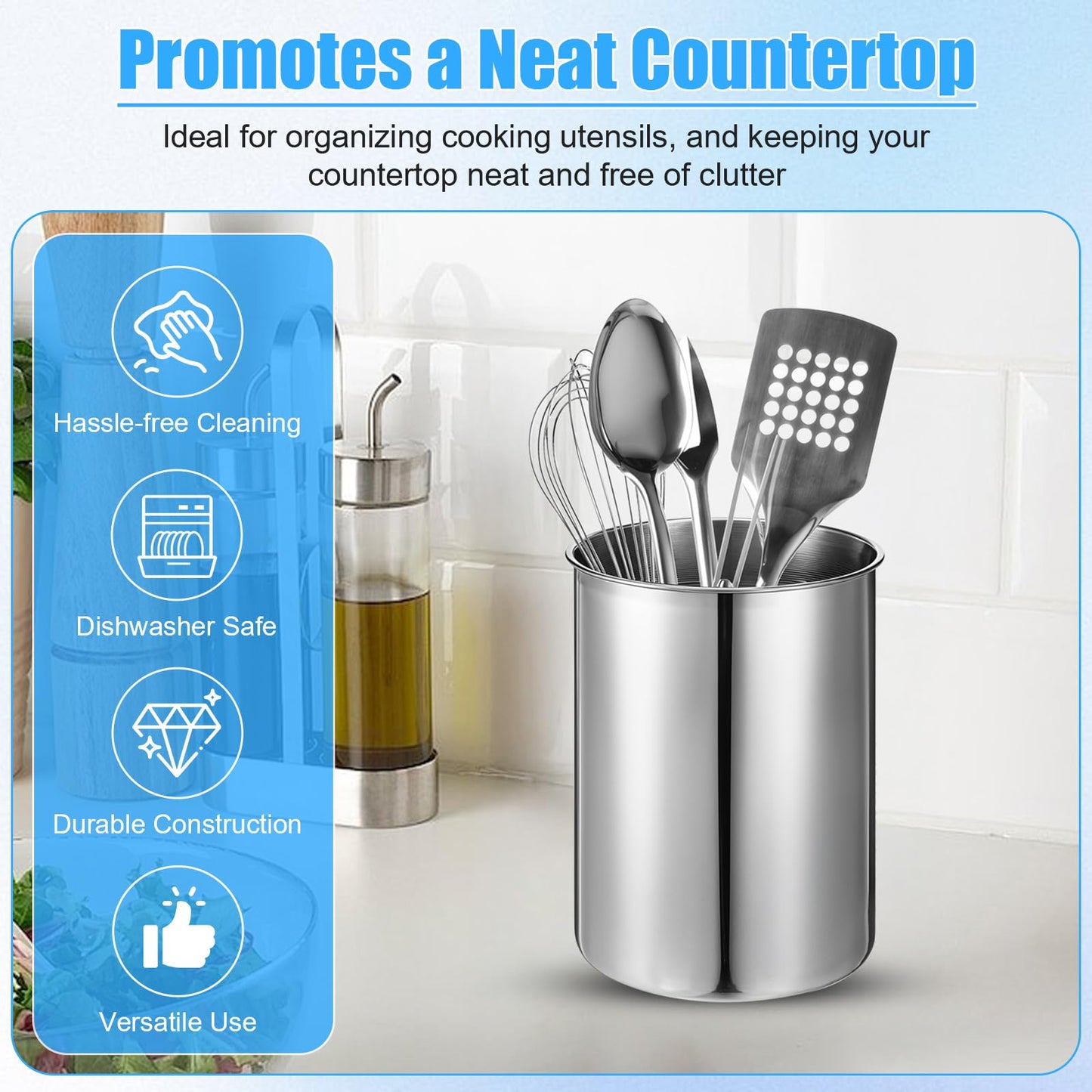 HOFURME 3 Pcs Cooking Utensil Holder for Kitchen Counter, 5.6 x 7.5 inch Metal Utensil Crock Stainless Steel Utensils Holder Container Canister Spatula Spoon Caddy Organizer (Silver)