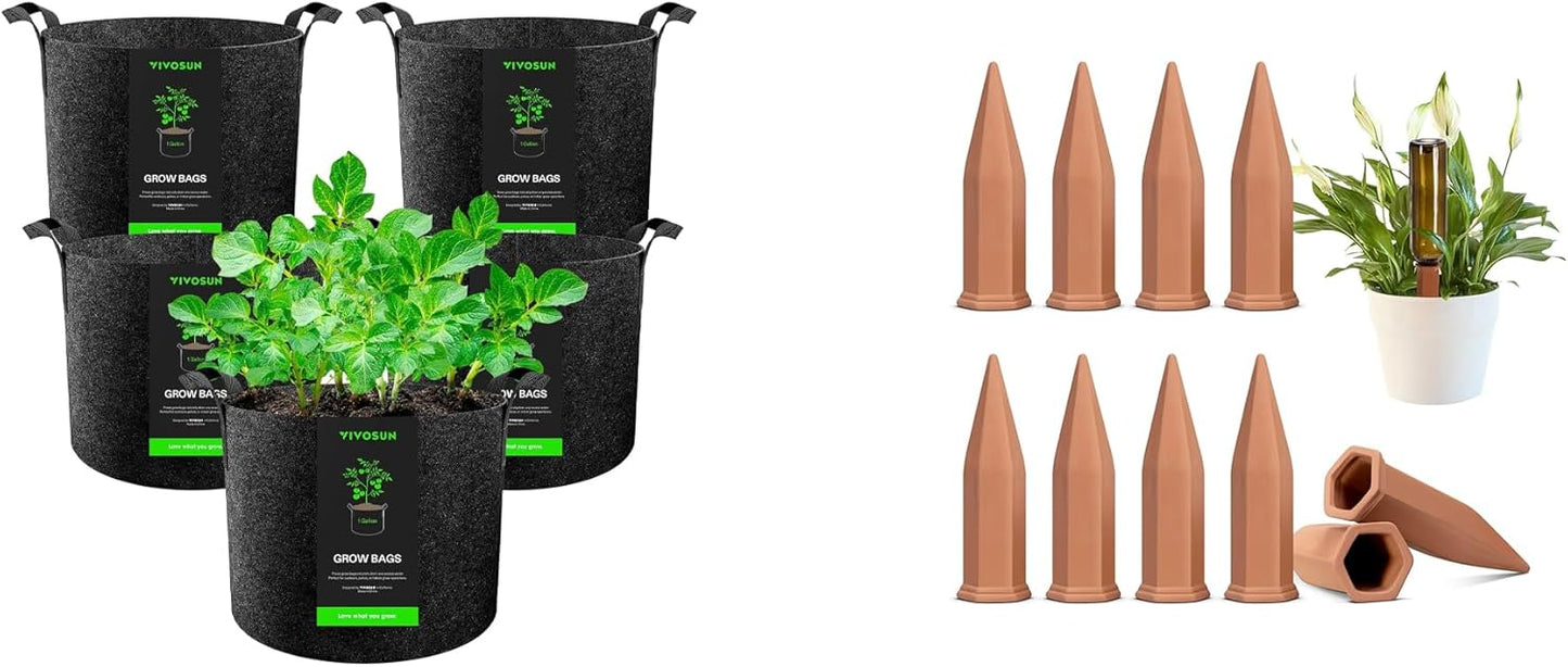 VIVOSUN Grow Bags - 5-Pack 1 Gallon with 10 Self-Watering Spikes | Hexagonal Terracotta Watering Stakes for Indoor & Outdoor Plants