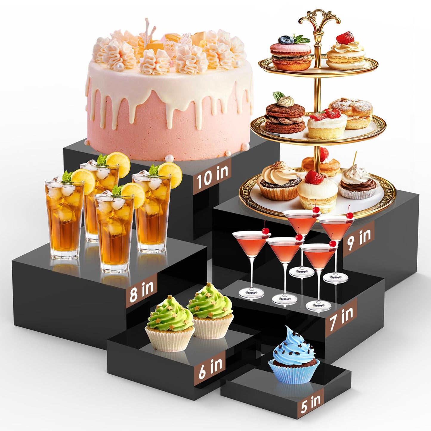 6Pcs Black Buffet Risers Set (Size 5",6",7",8",9",10"),Food Risers for Buffet Table Display Stand Shelf for Party Catering Dessert Collectibles Acrylic Cube Boxes Display with Hollow Bottoms
