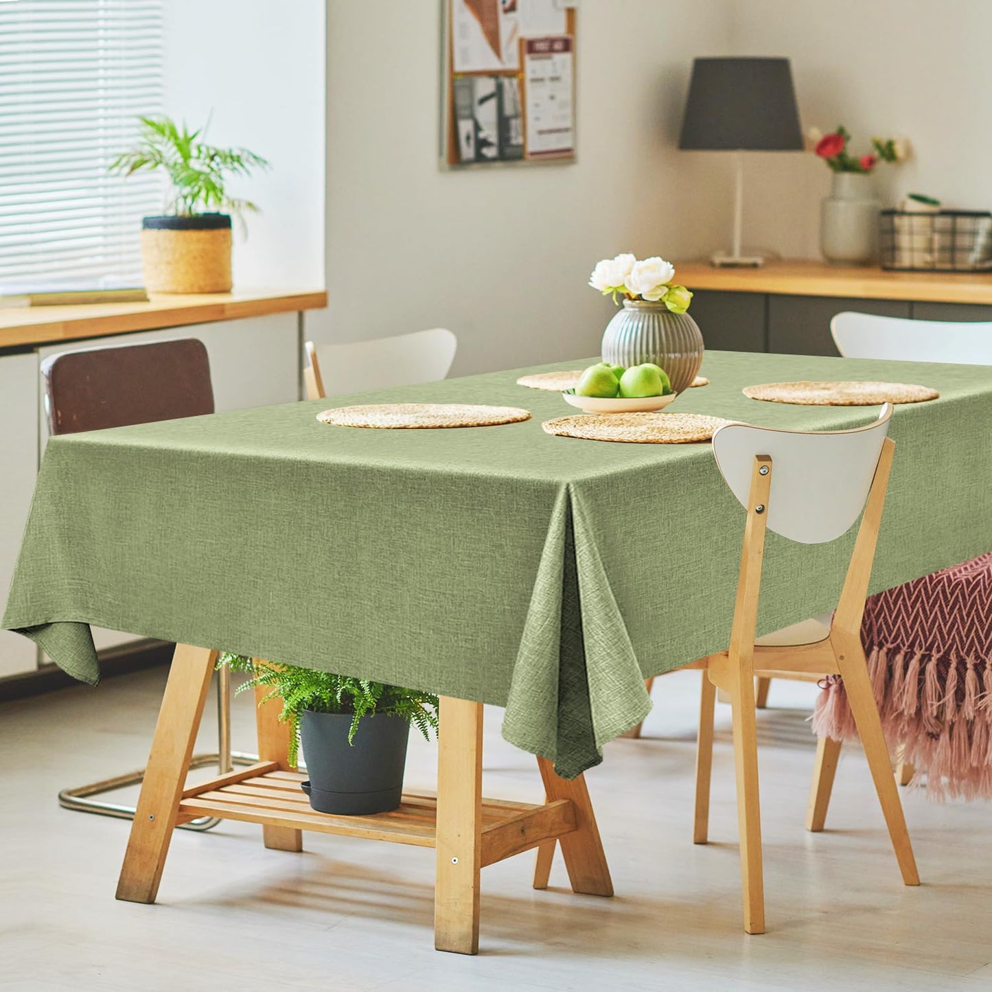 Linen Textured Rectangle Tablecloth, Waterproof & Stain Resistant Fabric Table Cloth, Wrinkle Free Linen Dining Decorative Farmhouse Table Cover for Dining/Buffet/Wedding, 52 x 70 Inch, Sage Green