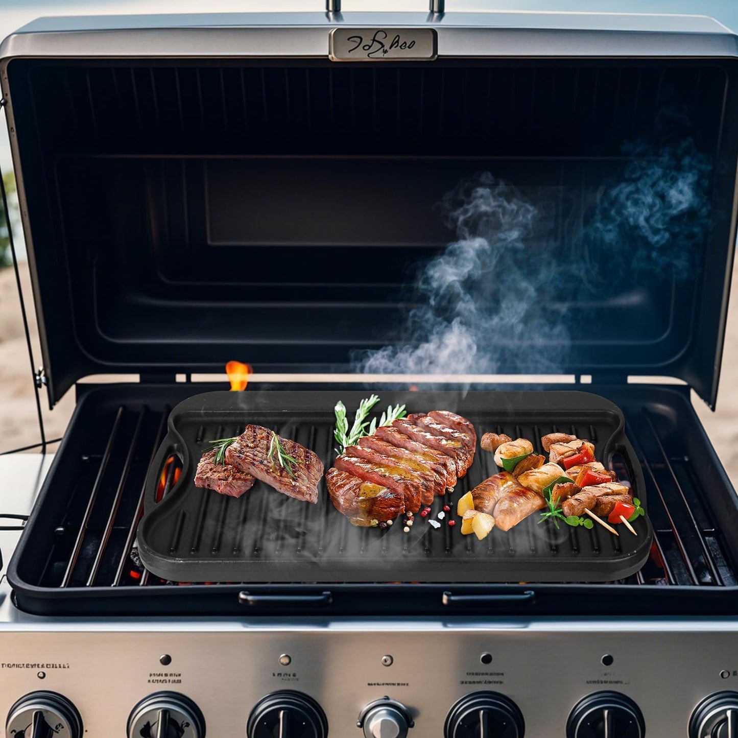 PETKAO Large Cast Iron Griddle Insert, Skillet, Oblong Grilling Pan for Stovetop,Pre-Seasoned Stovetop Griddle Gas Stove Grill Plate Oven, 17" x 10" Reversible Pancake Pan for Weber,Charbroil etc.,1PC
