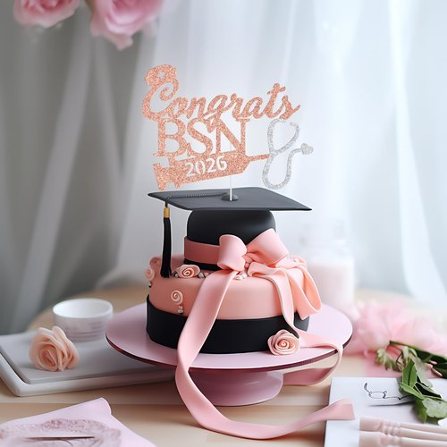 BSN Graduation Cake Topper - 2026 Nurse RN Medical School Party Decoration | Rose Gold Glitter