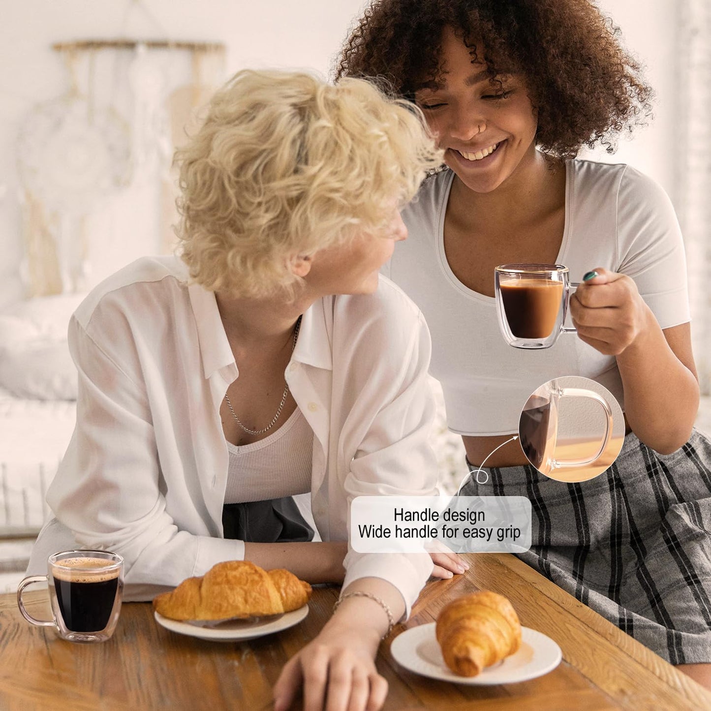 Potdoctor Double Walled Espresso Cups Set of 4, Hand Blown 5.5OZ Espresso Shots Glass, Coffee Mugs with Handle Perfect for Latte, Cappuccino, Tea