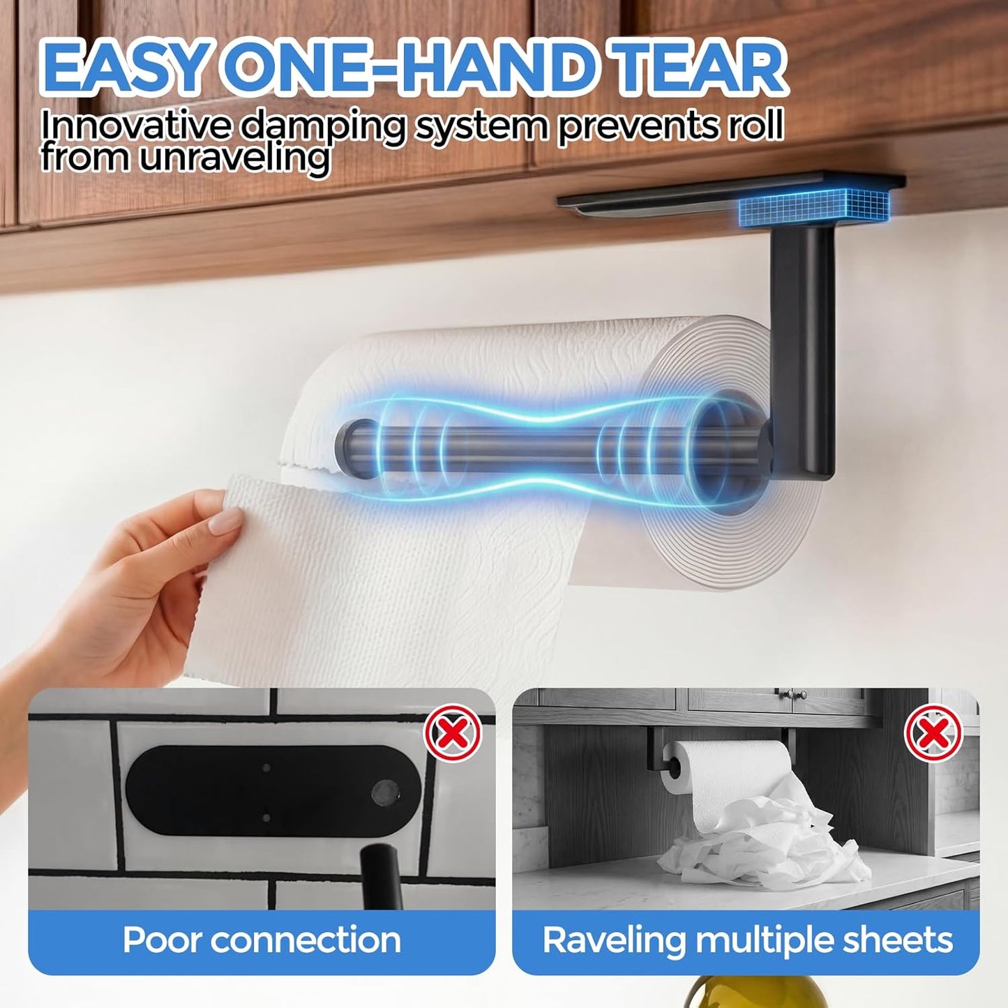 Zaa Paper Towel Holder - Under Cabinet Wall Mount, Self-Adhesive or Drilling, One-Hand Tear, Black Finish