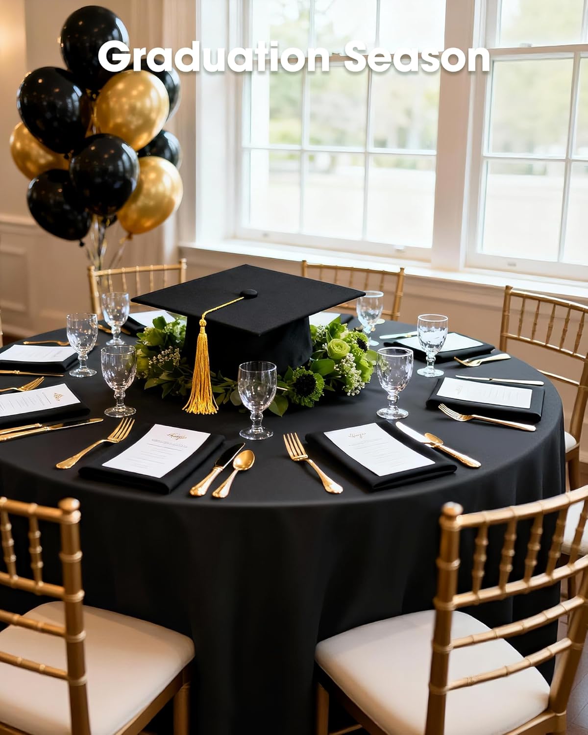 Pureegg Disposable Plastic Table Cloths - 84'' Round, Leakproof & Sturdy | Graduation Party Decor, Black, 8 Pack