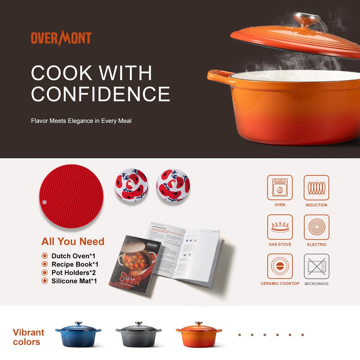 Overmont Enameled Cast Iron Dutch Oven - 5.5QT Pot with Lid Cookbook & Cotton Potholders - Heavy-Duty Cookware for Braising, Stews, Roasting, Sourdough Baking Orange