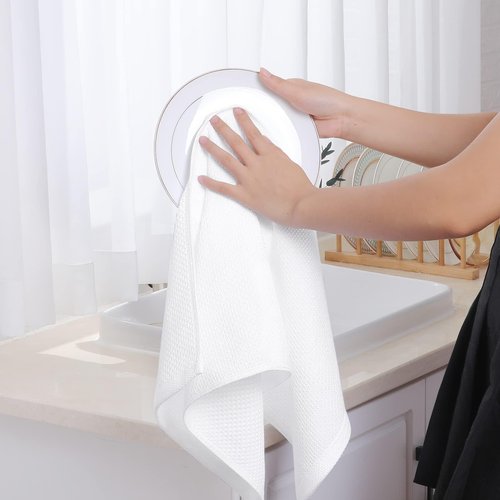 Homaxy 100% Cotton Waffle Weave Kitchen Dish Towels, Ultra Soft Absorbent Quick Drying Cleaning Towel, 13 x 28 Inches, 18-Pack, White