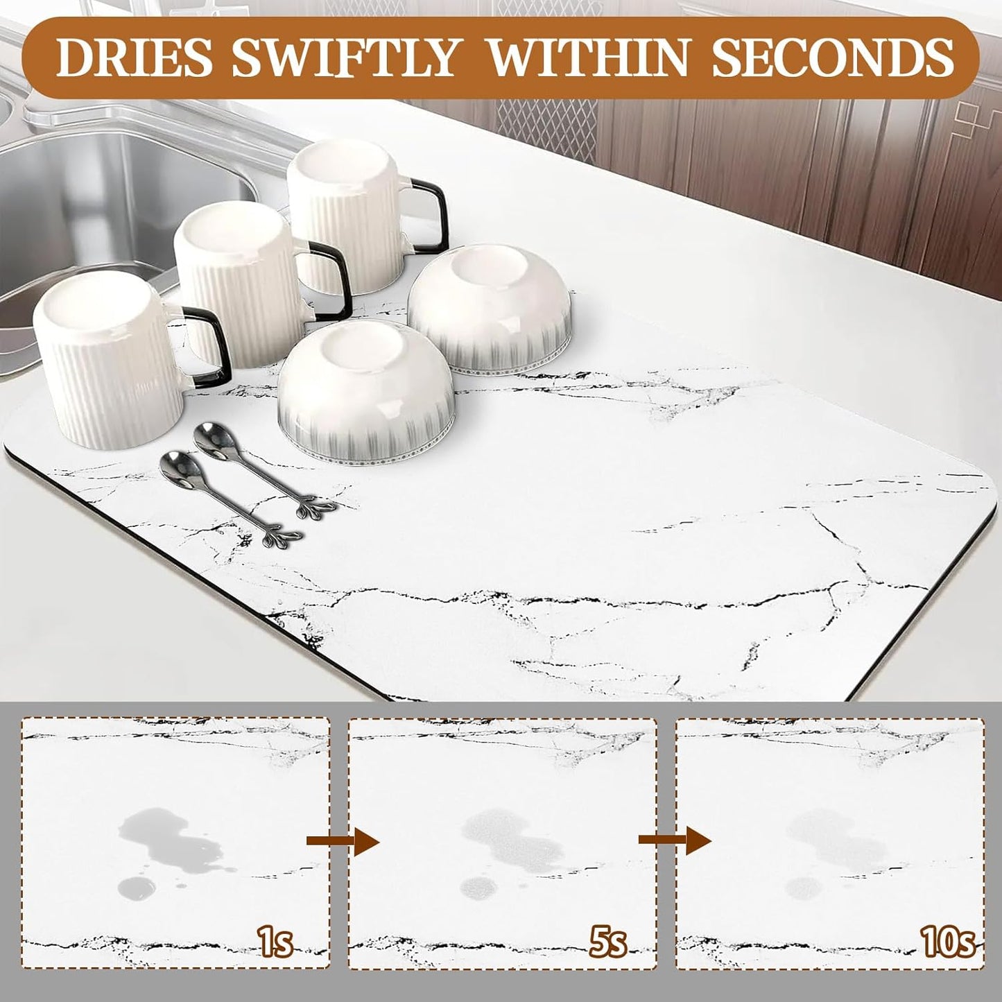 Skiennix Dish Drying Mat - Super Absorbent & Heat Resistant | Non-Slip Rubber Backing, 12"x19", White