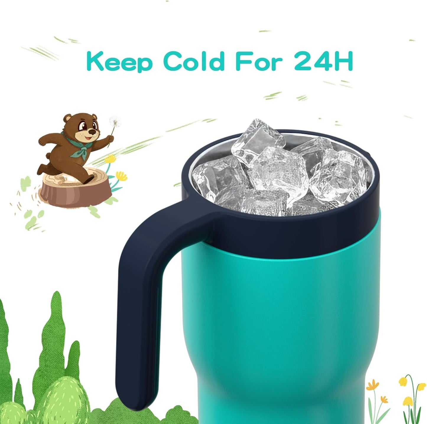 OISIZ 14oz Kids Tumbler - Leakproof Stainless Steel Cup with Straw Lid & Handle | Dark Green