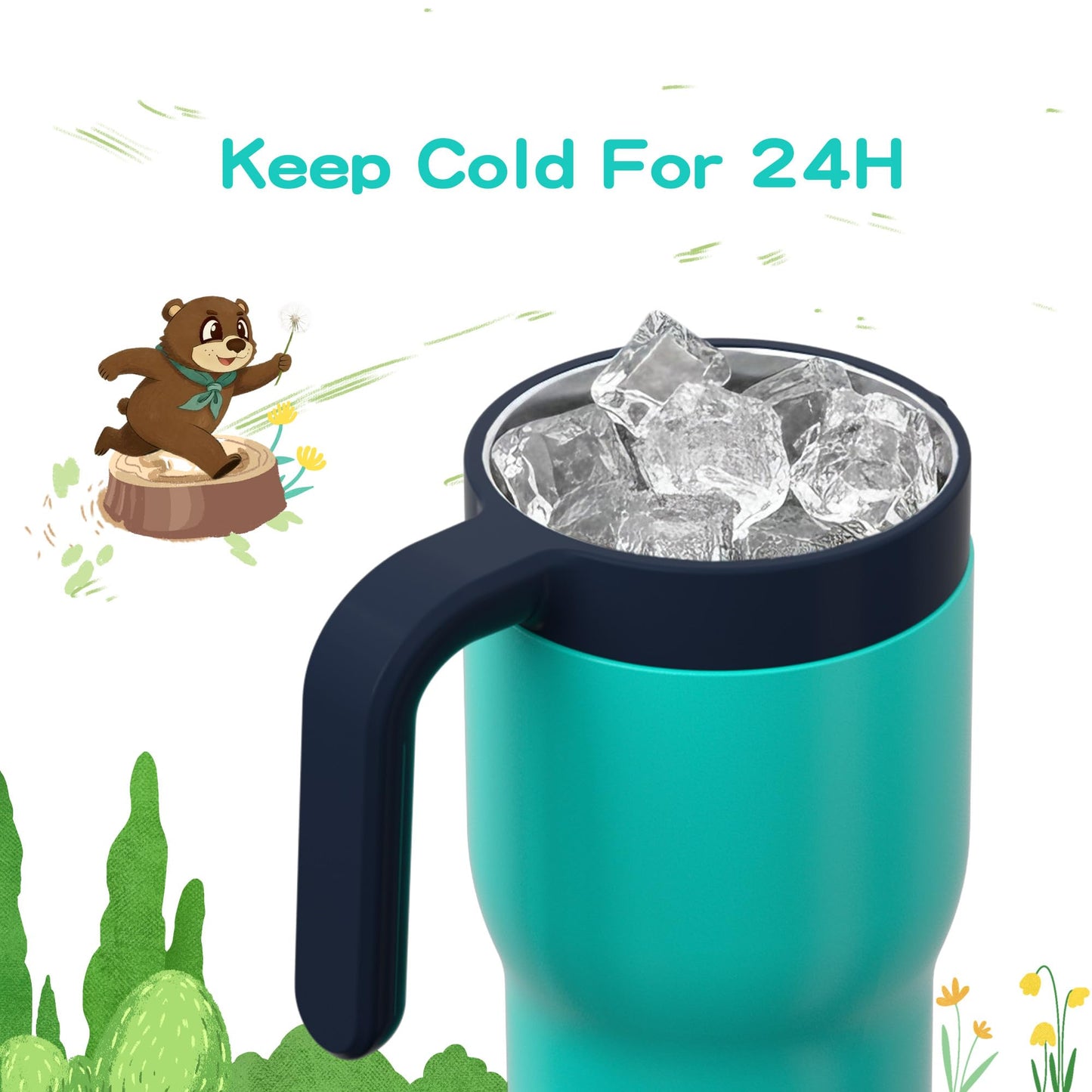 OISIZ 14oz Kids Tumbler with Straw Lid & Handle,Kids Cup with Animal Accessory for School,Kids Water Bottles with Dust-proof Cover,Leakproof Bottles,316 Stainless Steel,Keep Cold 24 Hours-dark green
