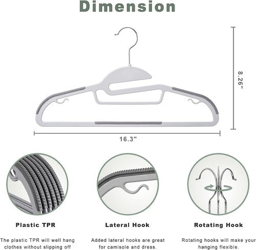 BAGAIL Plastic Hangers - 50 Pack Non-Slip Design with 360° Swivel Hook | Space-Saving Grey Organizer for Closet