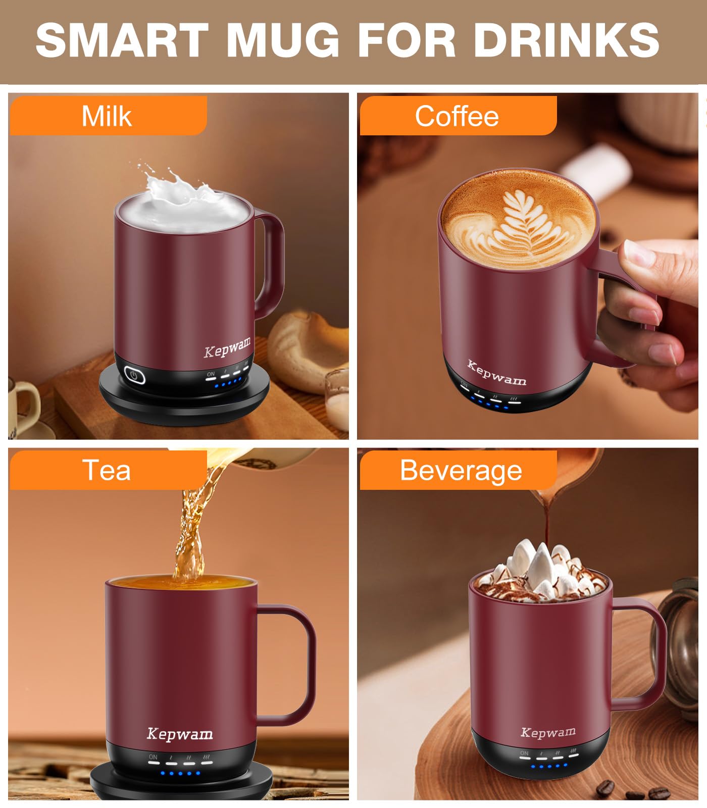 Kepwam Self Heating Coffee Mug T1-16oz(14 oz with lid) Fast Heating & Ultra Long-Lasting Battery Life, Heated Coffee Mug Up to 149℉ - Touch & App Controlled Coffee Mug, Birthday Gifts for Women and Men