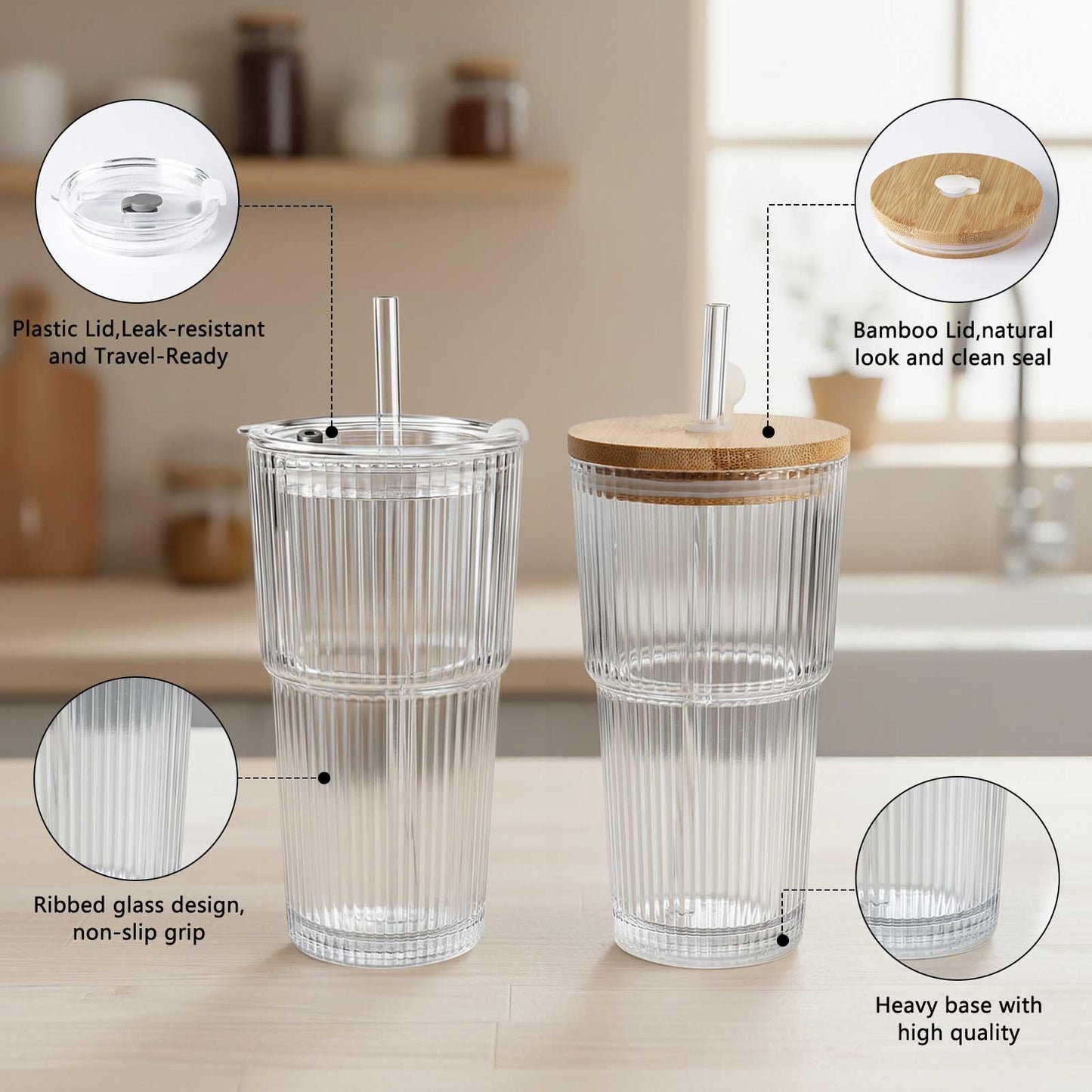 Ruckae 20oz Reusable Ribbed Glass Tumbler Set – 2 Pack Leakproof Glass Cups with Bamboo Lids,Thickened Glass– Aesthetic Iced Coffee Glasses for Home, Office, Travel, and Gifts (4, Transparent)