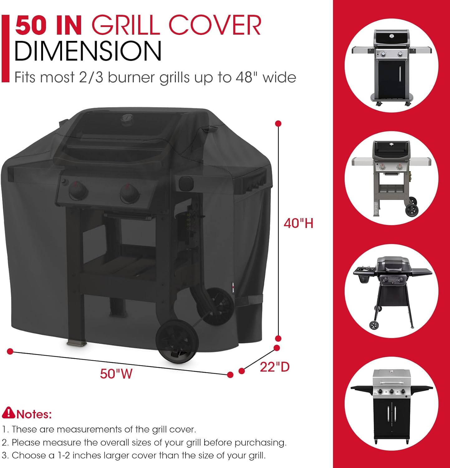 Unicook 50-Inch Heavy Duty Waterproof BBQ Grill Cover - Air Vents, Handles, Straps | Fits Weber, Char-Broil, Nexgrill