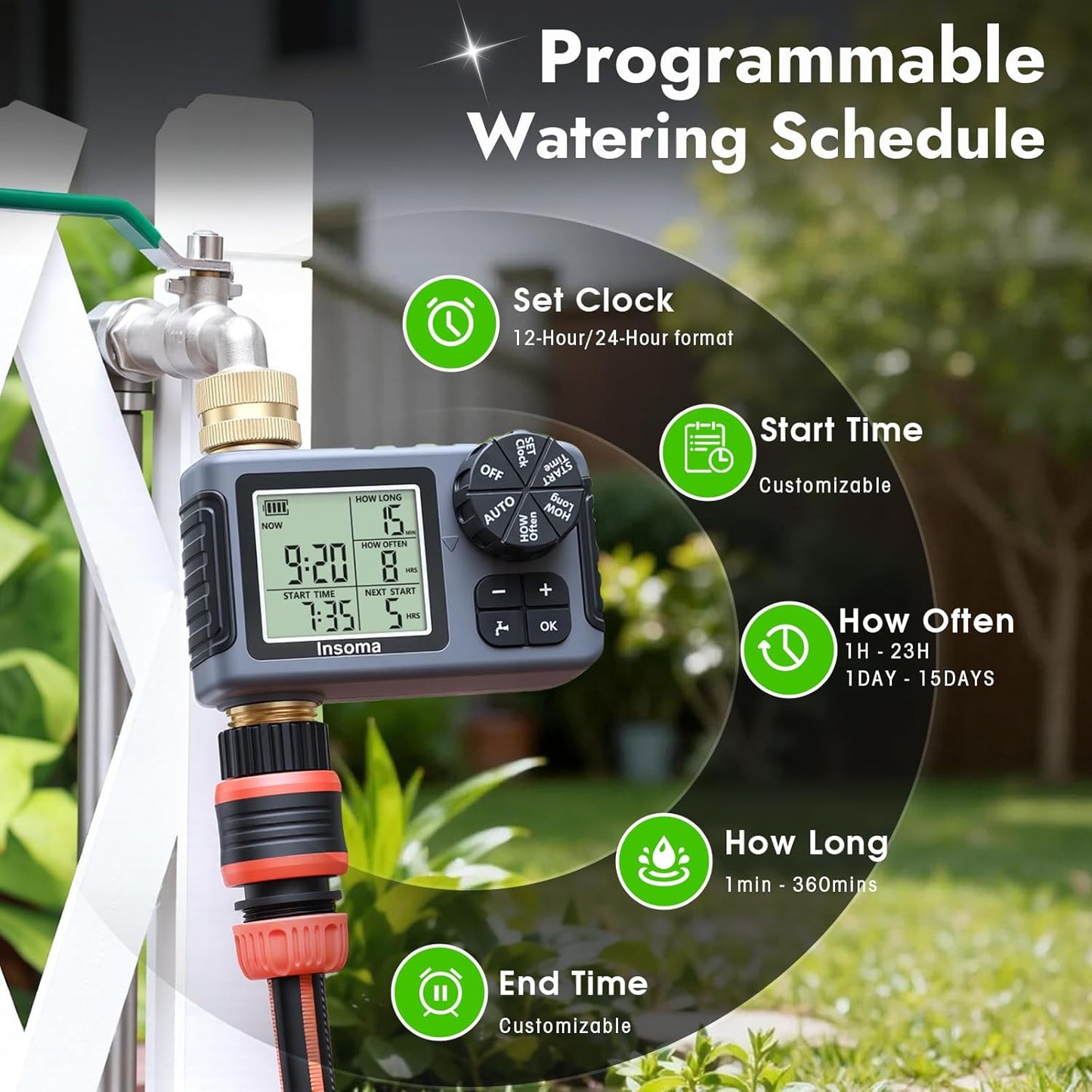 Water Timer - Programmable Sprinkler Controller with 100% Metal Pipe | Auto/Manual/Rain Delay for Garden