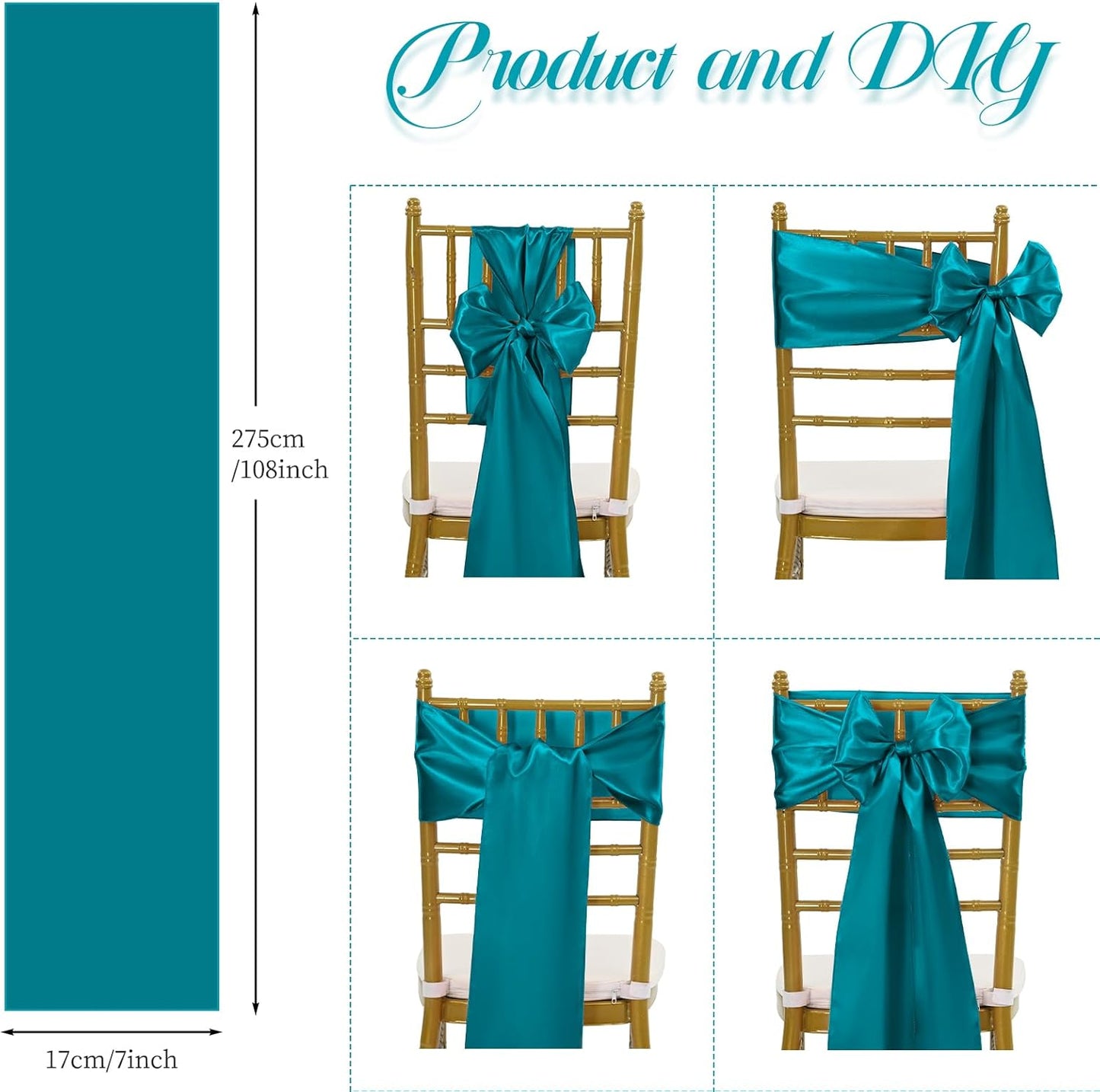 Skiennix 100 PCS Satin Chair Sashes - Turquoise Decorative Ribbon Ties for Weddings & Events | 7 x 108 Inch