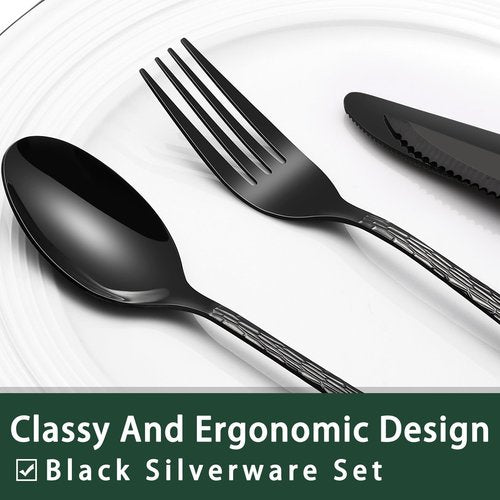 EWFEN 24-Piece Black Silverware Set with Steak Knives, Black Flatware Set for 4, Food-Grade Stainless Steel Tableware Cutlery Set, Mirror Finished Utensil Sets for Home Restaurant, Tree Pattern