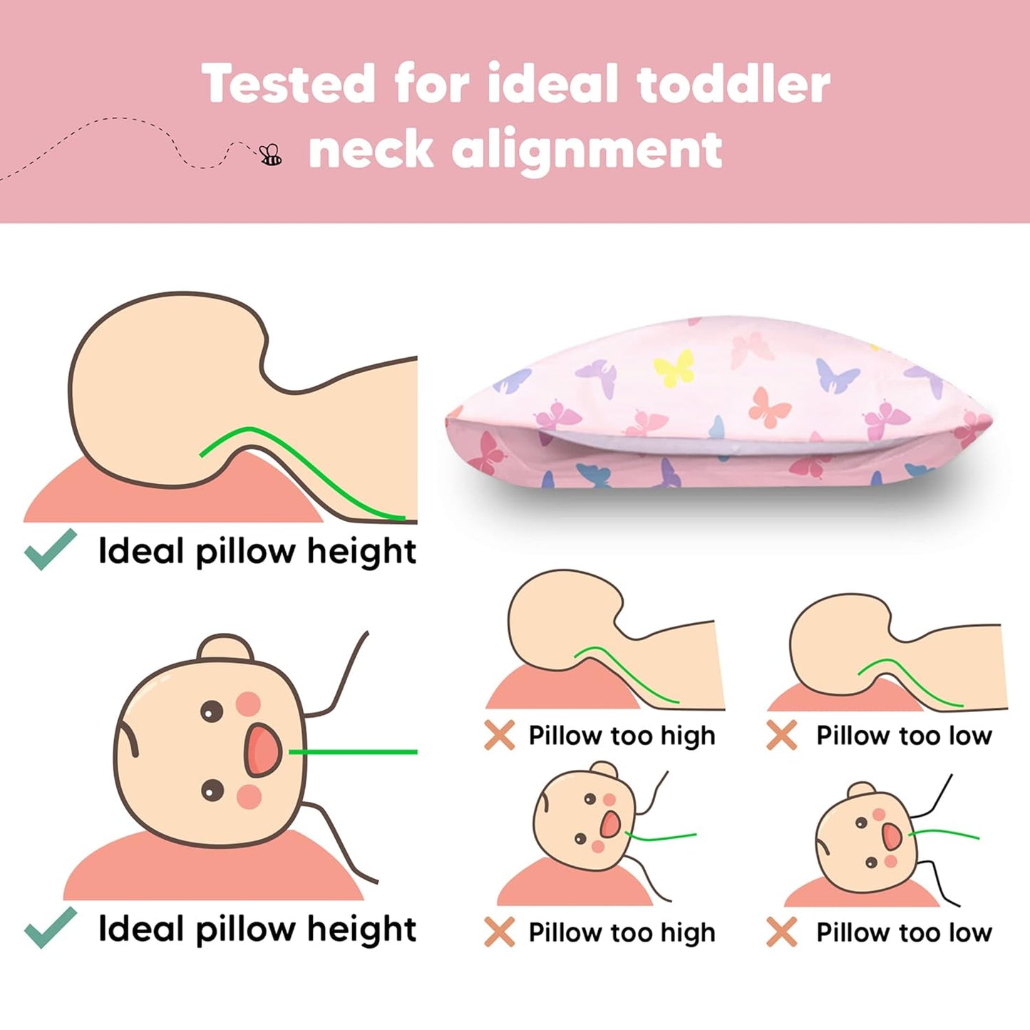 My Little Dreamy Toddler Pillow - Soft Organic Cotton Travel Pillow with Case, 13x18, Machine Washable, Ages 2-5 (Flutter)