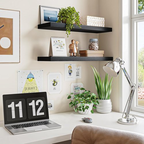 Fixwal Black Floating Shelves - 22" Rustic Wall-Mounted Storage for Living Room, Bedroom & Kitchen | Set of 2