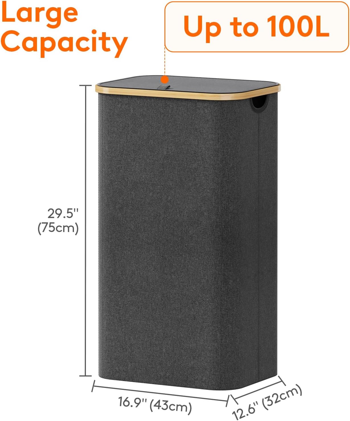 Lifewit 100L Laundry Basket - Foldable Hamper with Lid & Bamboo Handles | Dark Gray, Removable Bag