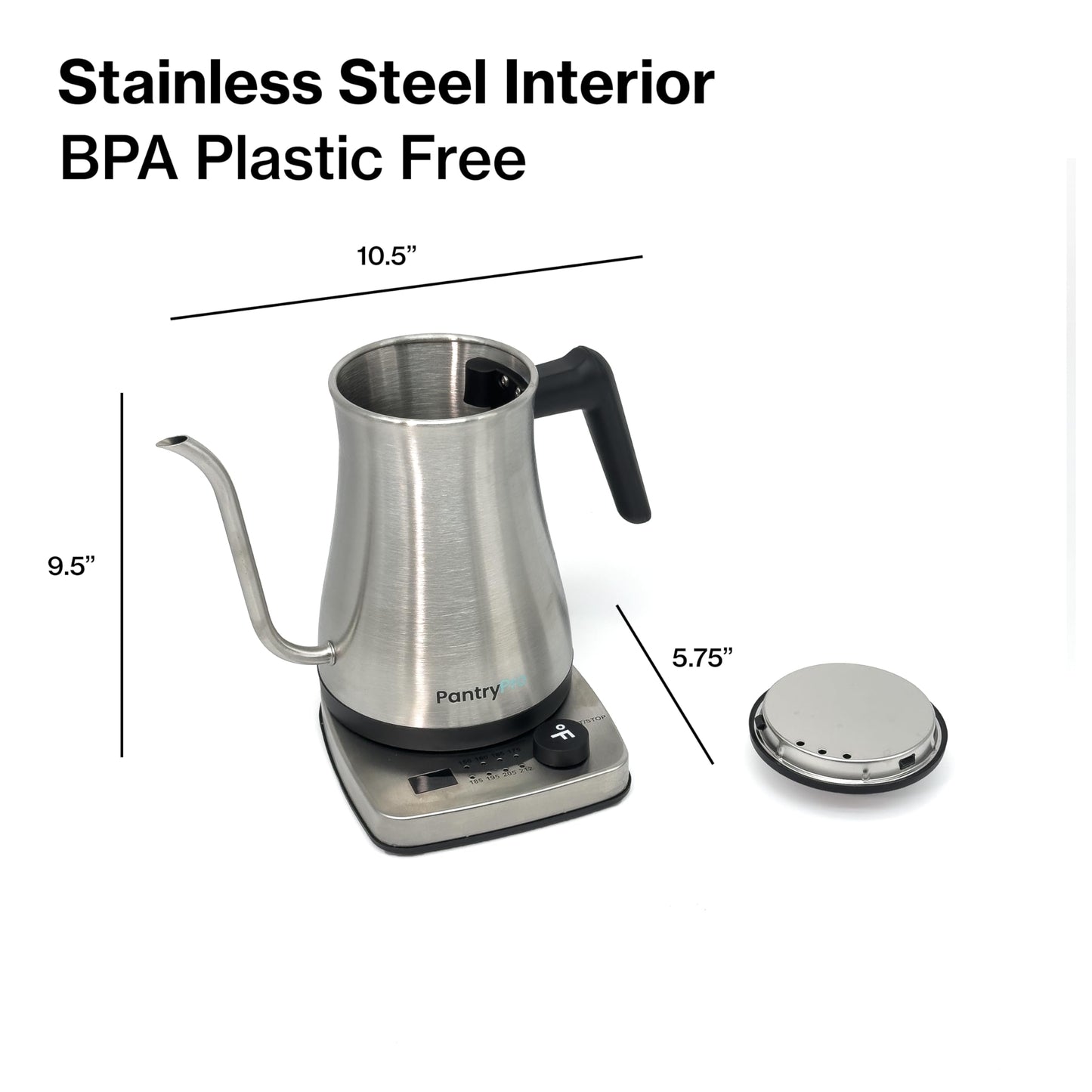 PantryPro Gooseneck Electric Kettle with Temperature Control, 34oz/1.0L Rapid Boil, Stainless Steel Interior, Auto Shut-Off, 1500W, Boil-Dry Protection, LED Indicator - Steel