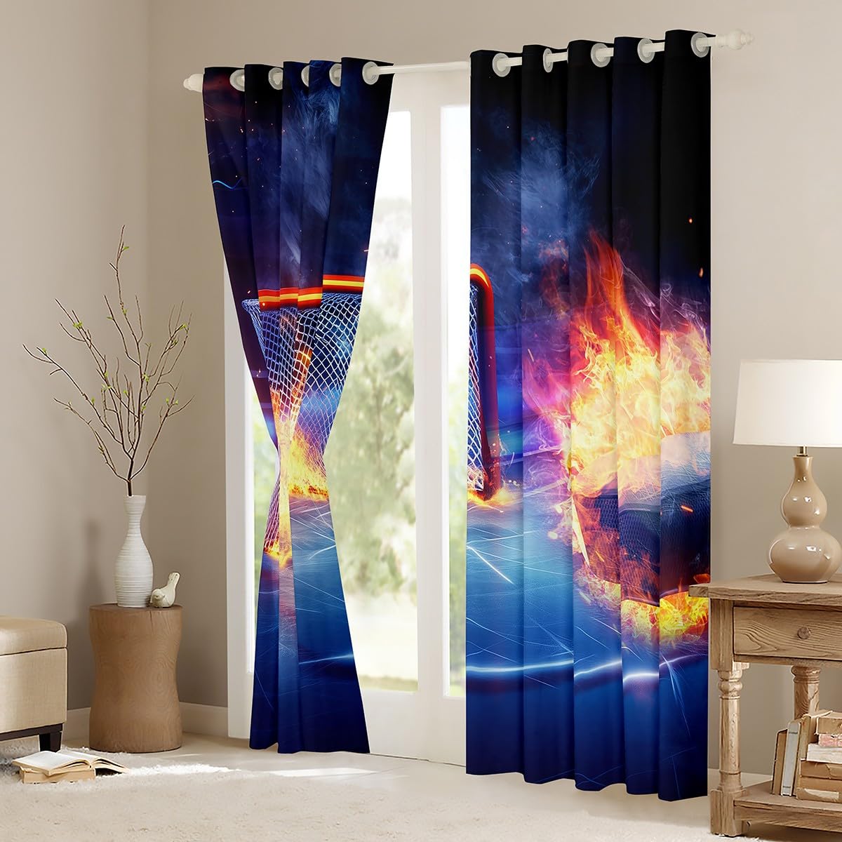 Feelyou Ice Hockey Curtains for Bedroom Living Room Hockey Player Kids Blackout Curtains Puck Hockey Darkening Dreapes Winter Sports Window Treatments 2 Panels, 52 x 84 Inch