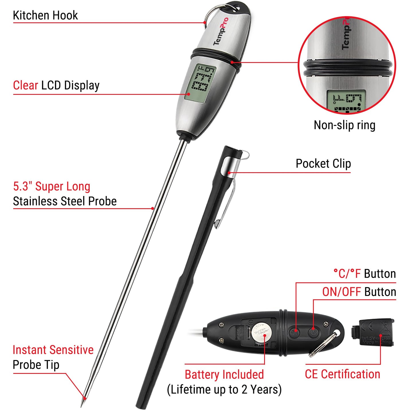 TempPro TP02S Digital Food Thermometer for Cooking Bread Baking Sourdough Liquids, Meat Thermometer Digital with Super Long Probe for Kitchen BBQ Yogurt Candy Making Accessory (Previously ThermoPro)