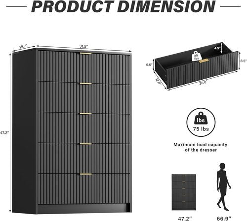 Furniway Black Dresser - Modern 5-Drawer Chest with Smooth Slides & Golden Handles | 15.7" D x 31.5" W x 47.2" H