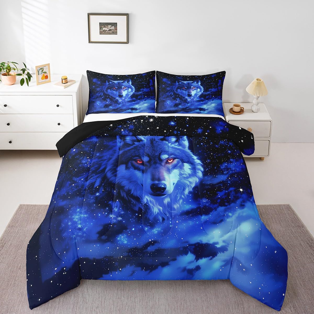 Feelyou Wolf Comforter Set Twin Size Wolves Howling Comforter for Boys Girls Teens Animal Wolves Bedding Set Mountain Moon Wolf Duvet Set Room Decor Ocean Blue Quilt Set