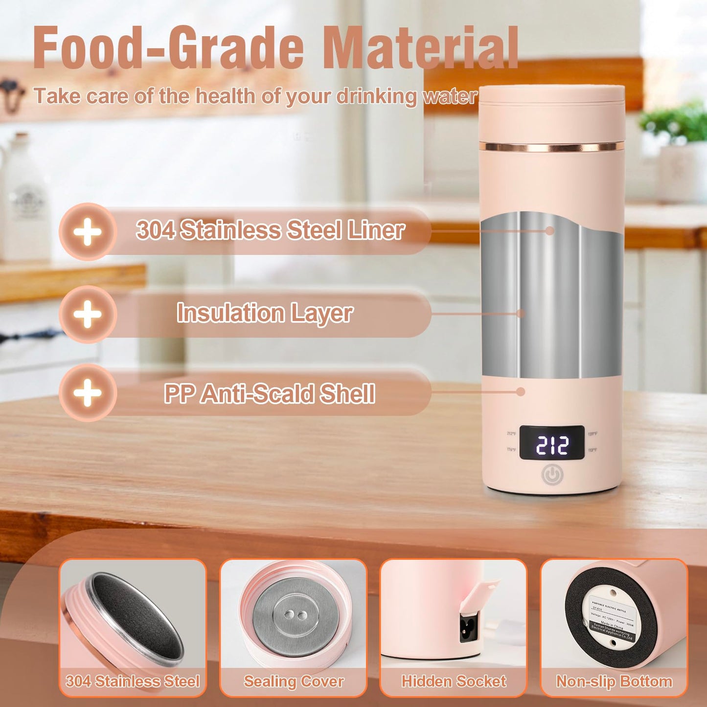 Travel Electric Kettle Portable Mini Kettle,Small Hot Water Boiler with 4 Temperature Settings,304 Stainless Steel,Fast Boiling Water with Auto Shut-Off and Boil Dry Protection (Pink, 400ml)