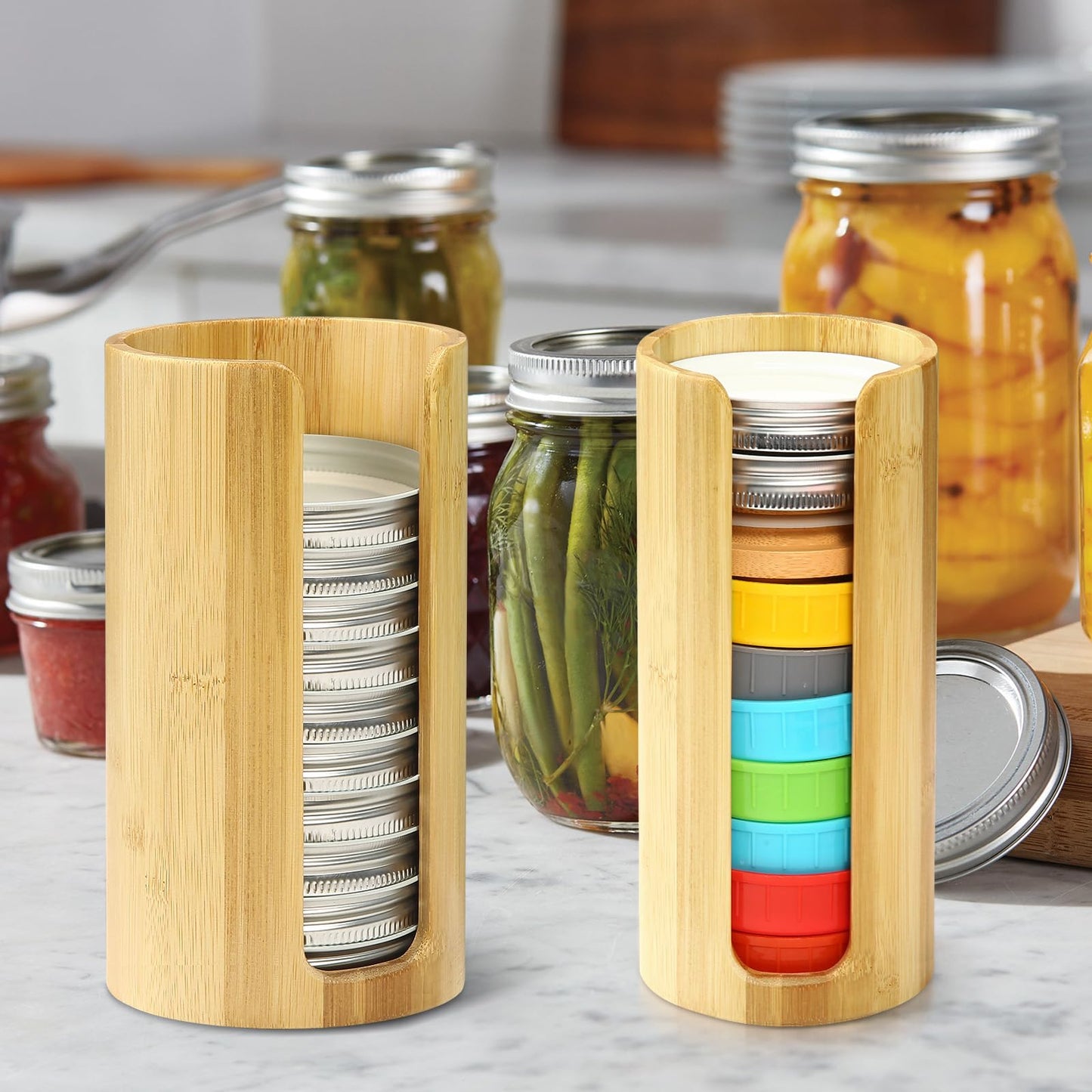 QOOMABA Mason Jar Lid Organizer (2pcs), Mason Jar Lid Storage Made of Bamboo, Suitable for Mason/Canning/Bamboo Lids(WIDE/REGULAR), Fit Perfectly, Stackable Steady