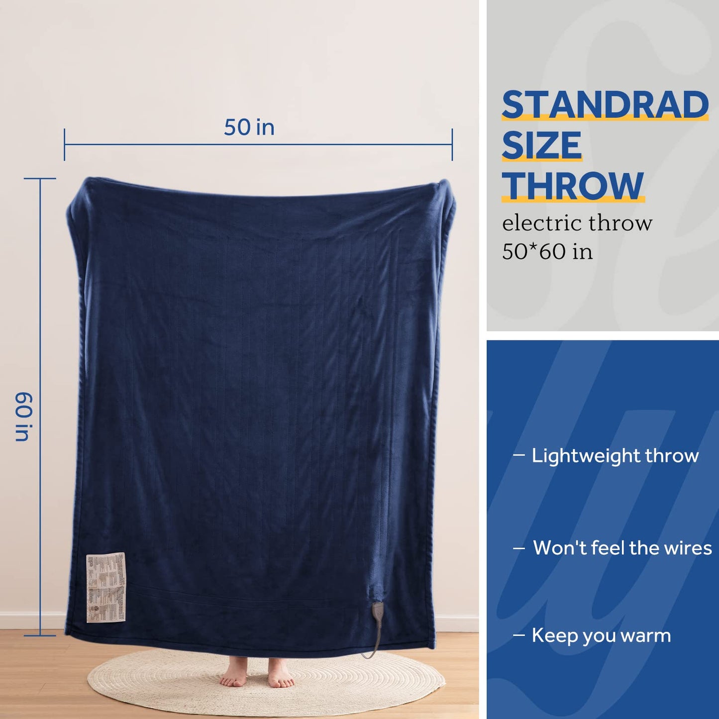 Sealy Electric Blanket Throw, Soft Flannel Heated Blanket with 6 Heat Settings & 2-10 Hours Auto Shut Off, Fast Heating & Machine Washable, 50x60 Inch, Navy