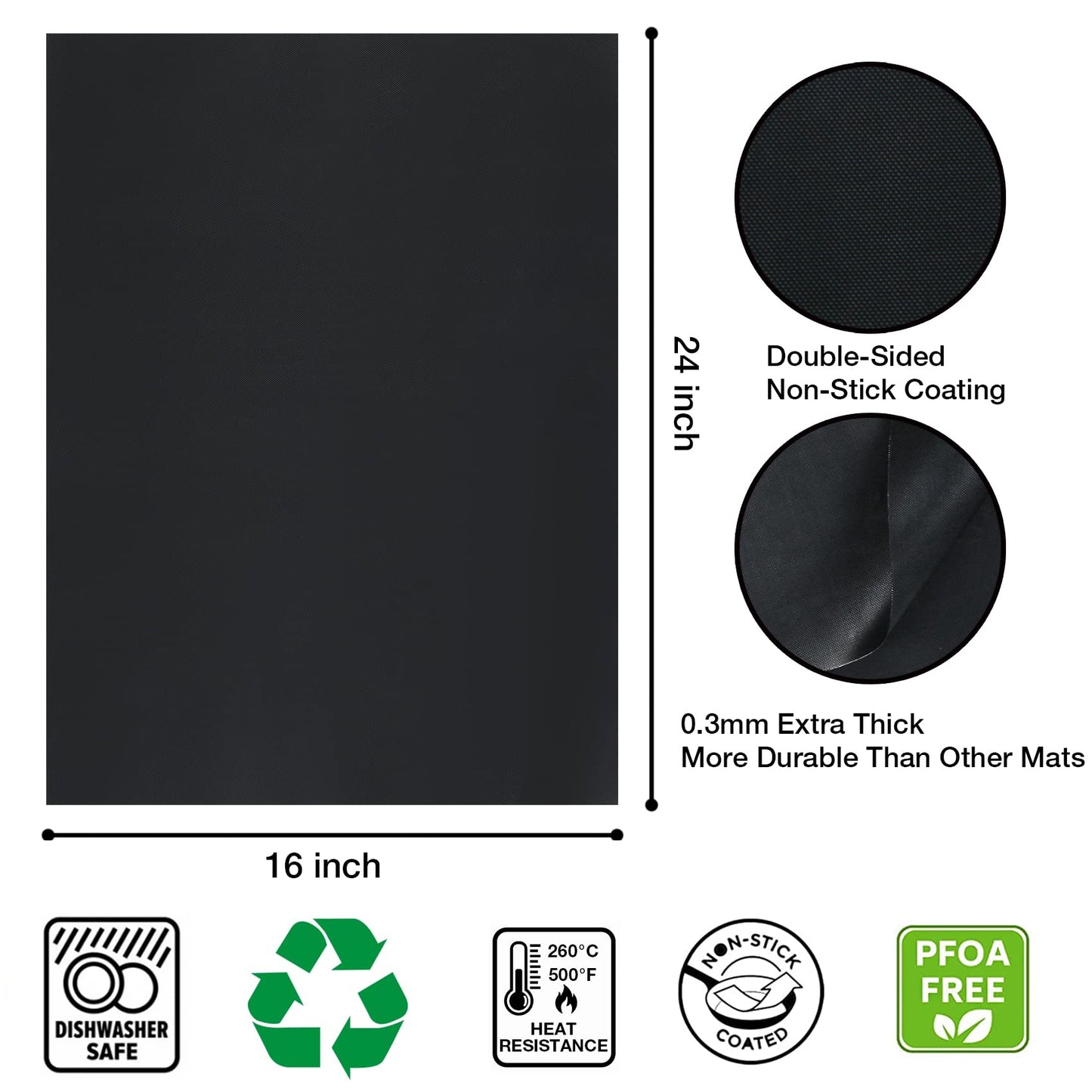 2 Pack Oven Liners for Bottom of Oven, 16 x 24" Heavy Duty Non-Stick Oven Floor Protector Mats, 500°F/260°C Heat Resistant Fiberglass Teflon Liner, BPA PFOA Free for Electric & Gas Ovens, Black