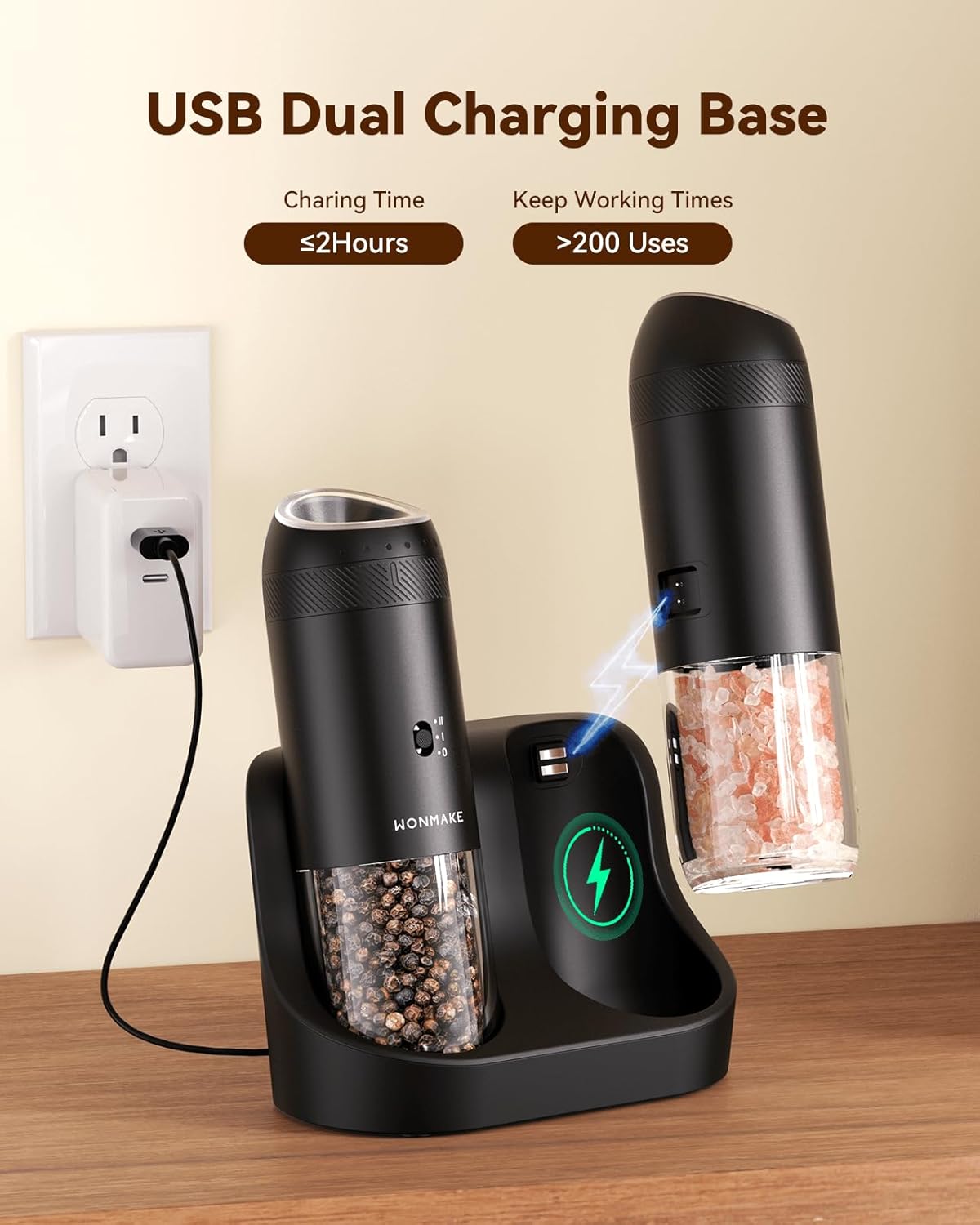 WONMAKE Electric Salt and Pepper Grinder Set - Automatic Mill with 6-Level Coarseness, Dual Speed & 5.95oz Capacity