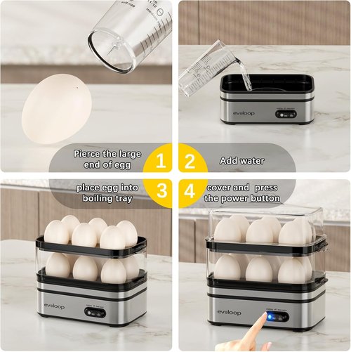 Evoloop Rapid Egg Cooker - Electric 12-Egg Capacity, Soft/Medium/Hard Boiled & Poached, BPA-Free Tray