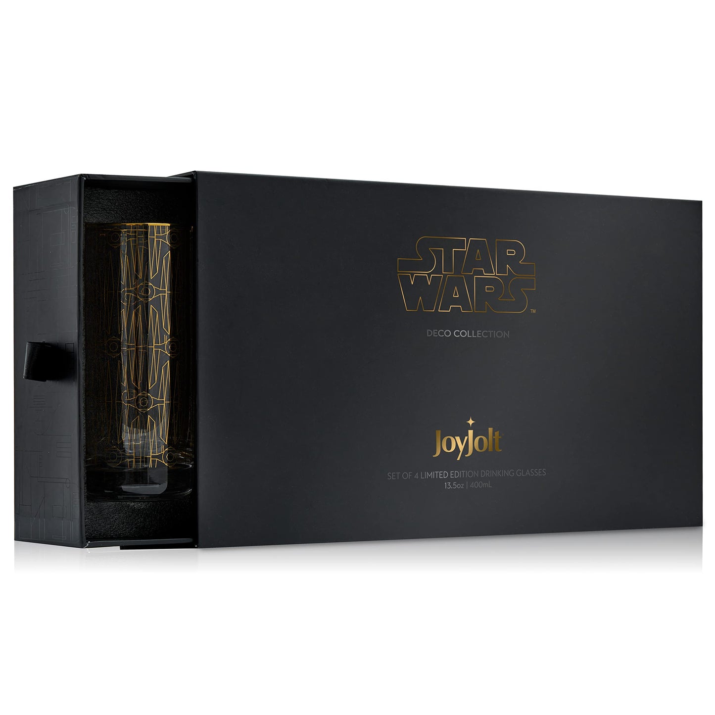 JoyJolt Star Wars Glassware. 'Deco' Highball Glasses Set of 4, 13.5oz Star Wars Glasses. Highball Glass Tumbler with Darth Vader in a Retro Crystal Glass Cup. Tall Drinking Water Glasses For Kitchen