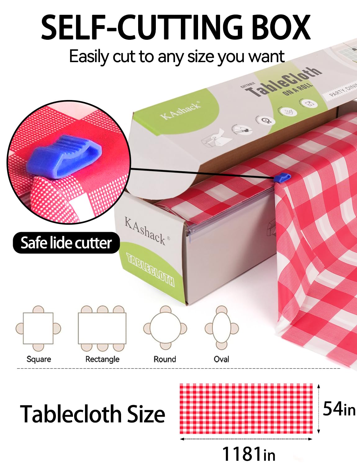 KAshack 54 in X 98.4 Ft Plastic table cloth Roll disposable Red and White Gingham Tablecloth with Slide Cutter Box for rectangle round Tables,Picnic,Camping,Party,Happy Birthdays,[with Fixed stickers]