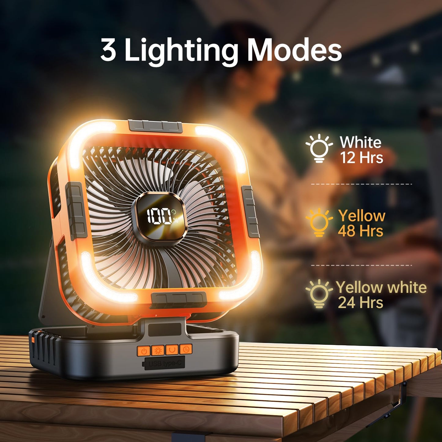 KIMMOO Solar Camping Fan with Light-10000mAh Rechargeable Portable, 6 Speeds, Digital Display, Timer, 120° Oscillation, Cordless Battery Powered Fan for Home Outdoor Tent Travel BBQ Fishing (Orange)