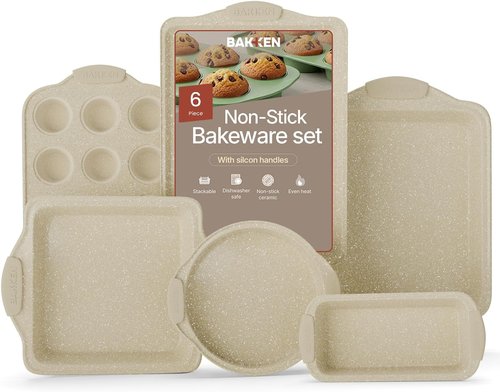 BAKKENMASTER Nonstick Baking Pan Set - 6-Piece Professional Grade Carbon Steel with Marble Coating & Silicone Handles