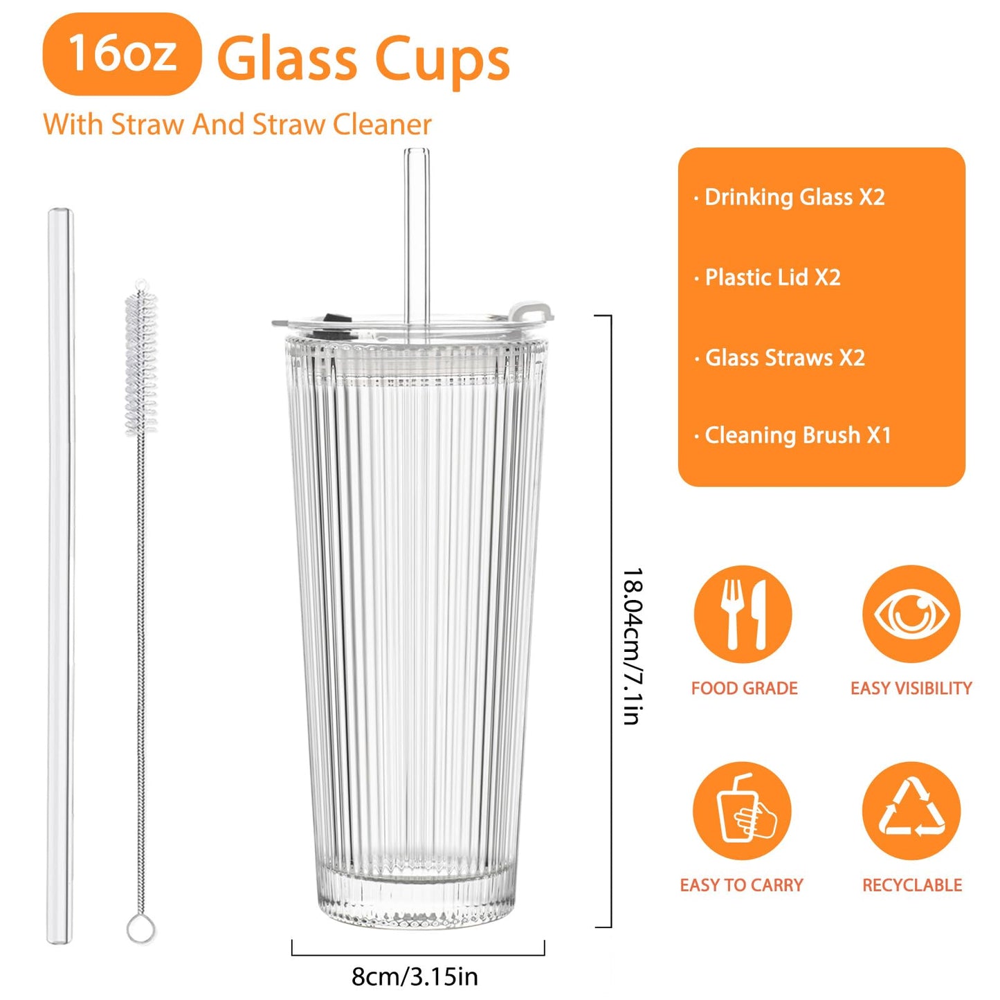 SoulTimes 16oz Ribbed Glass Tumbler with Lid and Glass Straw – Set of 4 Glass Cups with Lids and Straws for Coffee, Smoothies, Cocktails and More, Reusable Iced Coffee Cups for Daily Use and Travel