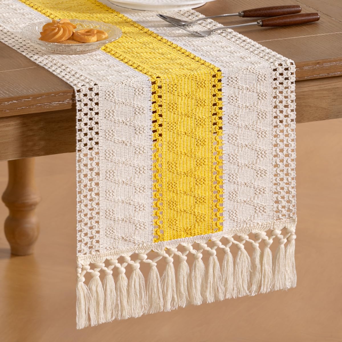 Socomi Boho Table Runner Easter Spring Farmhouse Rustic Dining Kitchen Centerpiece Decor Small Macrame Woven Cotton Coffee Table Runner for Dresser Scarf Home Decor 12x72 in Yellow Gold Ivory