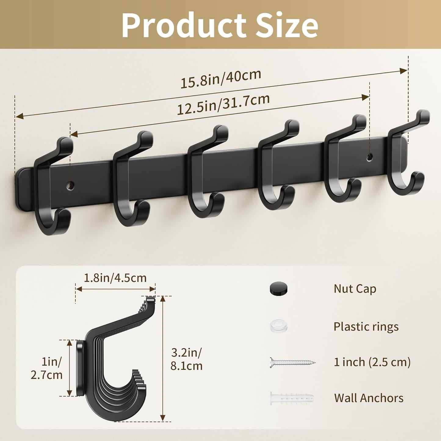 Pickpiff Coat Rack - Heavy-Duty Wall-Mounted Metal Hanger with 6 Hooks for Hats, Clothes & More | Black, 1 Pack