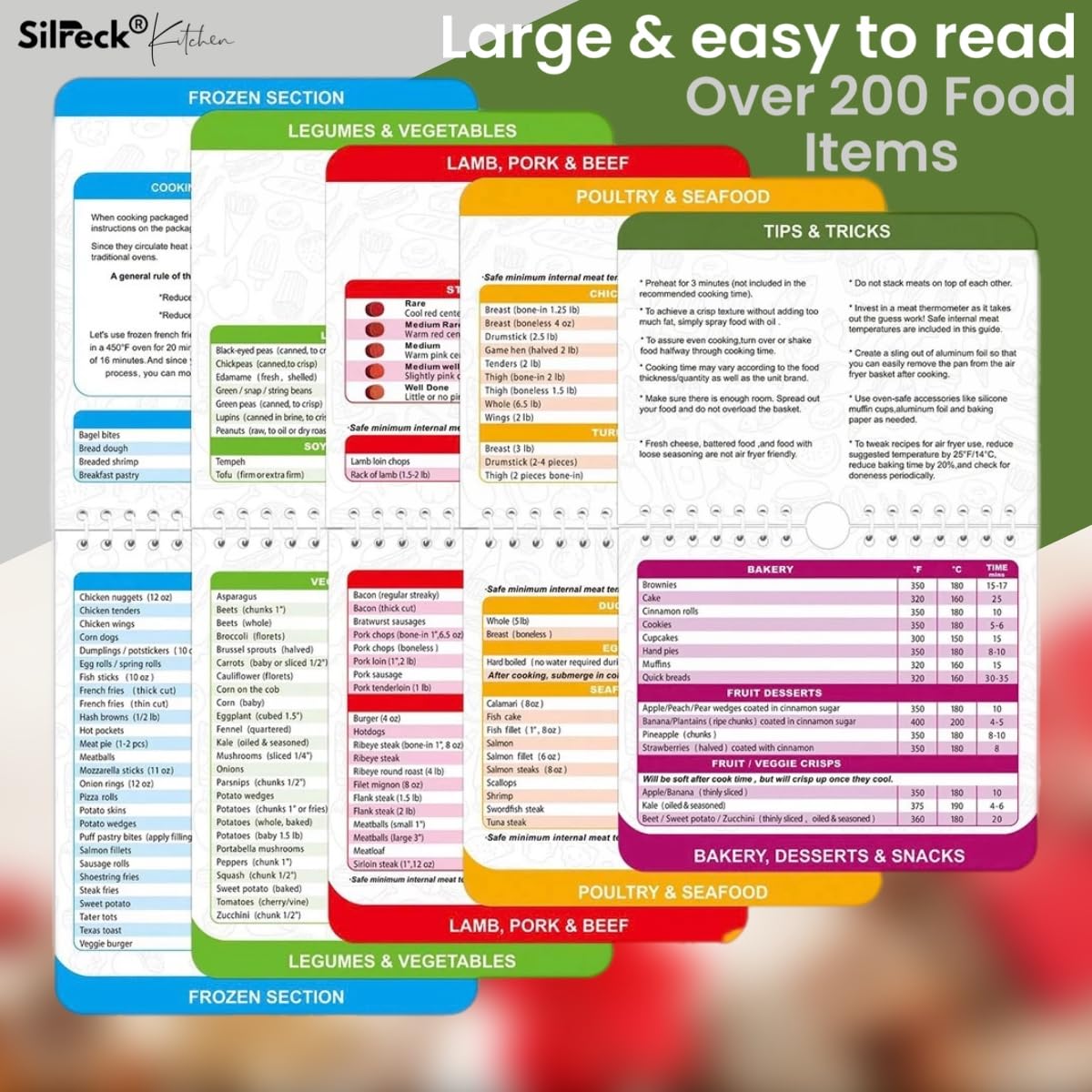 Silreck Air Fryer Cheat Sheet Magnetic Cooking Guide Booklet I Fridge-Ready Air Fryer Magic: Cookbook with Hanging Loop & Magnet (Multi Colour), SCG001
