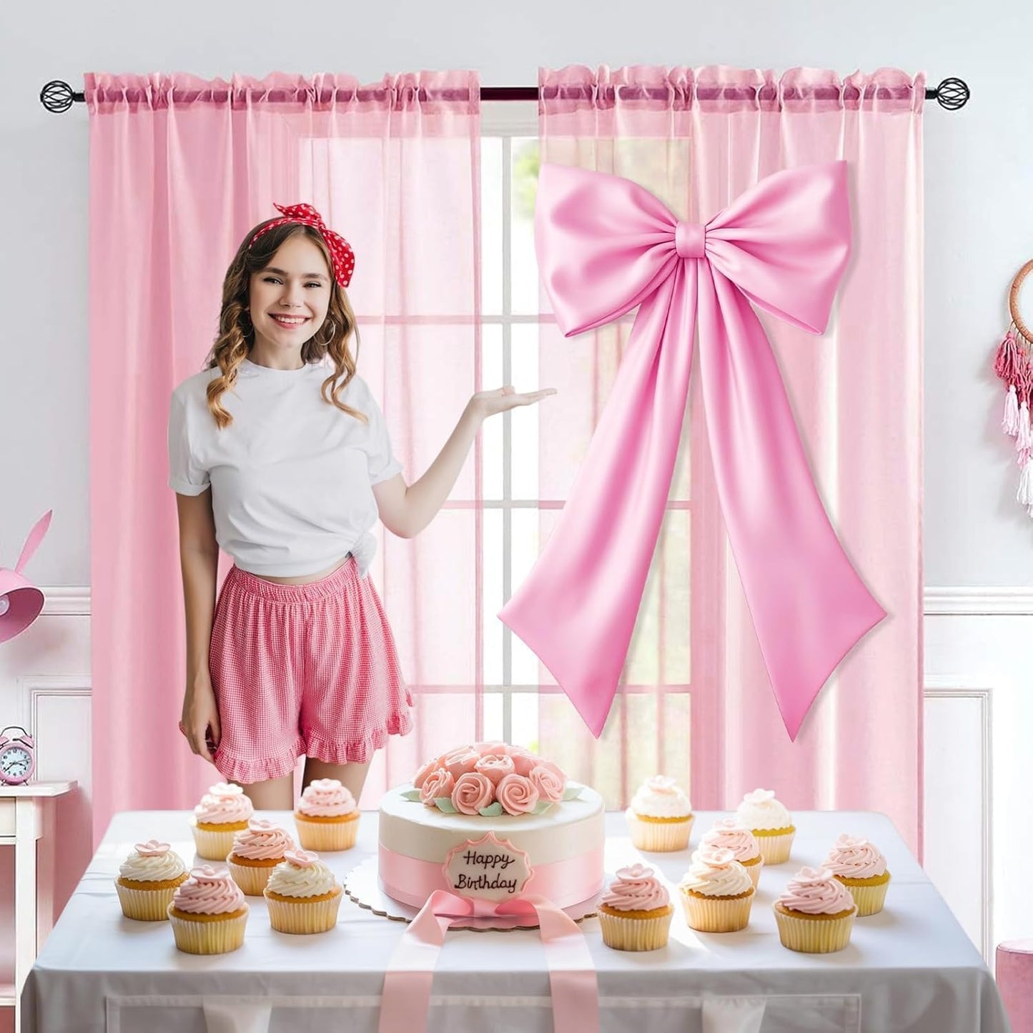 Skiennix Pink Bow Decor - 2 Pack of Large & Small Coquette Wall Backdrop for Valentine's Day & Showers